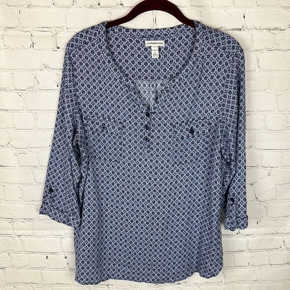 Croft & Barrow 3/4 Sleeve Blue and White Patterned Blouse Size Large - Picture 1 of 6